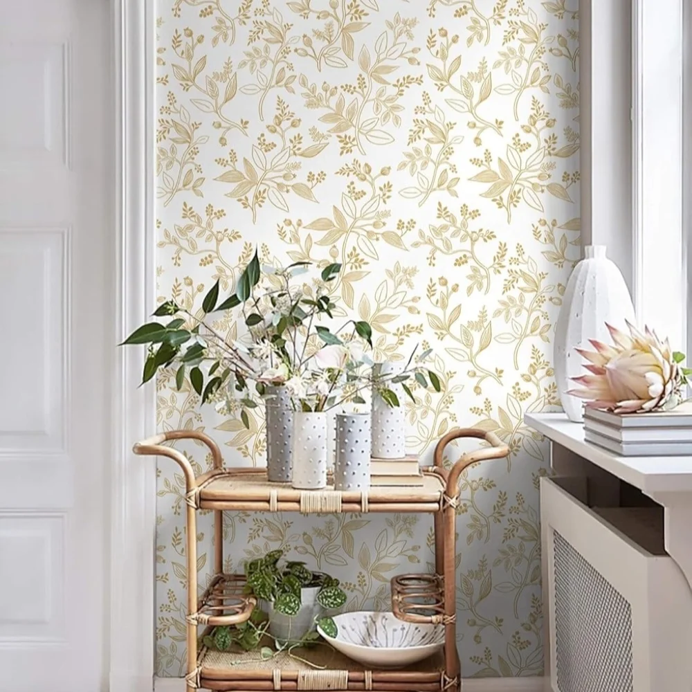 4 Rolls Floral Wallpaper Peel and Stick White and Gold Contact Paper Modern